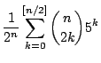 $\displaystyle \frac1{2^n} \sum_{k=0}^{\left[n/2\right]} {n \choose 2k} 5^k$