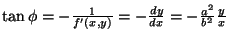 $\tan\phi=-\frac{1}{f'(x,y)}=-\frac{dy}{dx}=-\frac{a^{2}}{b^{2}}\frac{y}{x}$