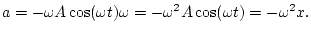 $\displaystyle a=-\omega A\cos(\omega t)\omega=-\omega^{2}A\cos(\omega t)=-\omega^{2}x.$