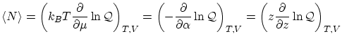 $\displaystyle \left\langle N \right\rangle = \left( k_B T \frac{\partial }{\par...
...ht)_{T,V} = \left( z \frac{\partial }{\partial z} \ln \mathcal{Q}\right)_{T,V} $