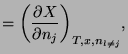 $\displaystyle =\left(\frac{\partial X}{\partial n_{j}}\right)_{T,x,n_{l\neq j}}\!,$