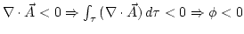 $\nabla\cdot\vec{A}<0\Rightarrow\int_{\tau}{(\nabla \cdot \vec{A})\, d\tau}<0 \Rightarrow\phi<0$