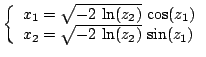 $\displaystyle \left\{\begin{array}{ll} x_1 = \sqrt{-2  \textrm{ln}(z_2)}  \te...
...
 x_2 = \sqrt{-2  \textrm{ln}(z_2)}  \textrm{sin}(z_1)
 \end{array} \right.$